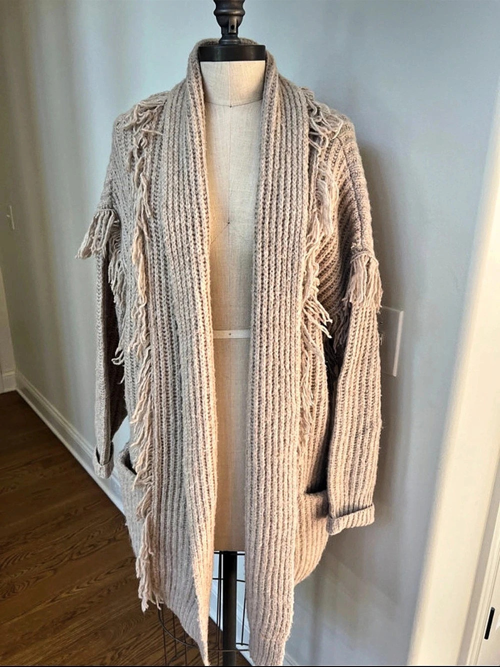 Anthropologie Fringe Knit Cardigan Beige XS